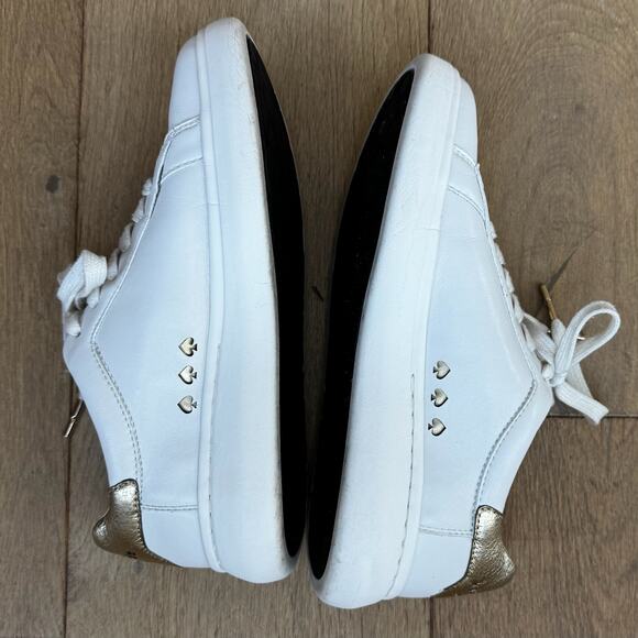 Kate Spade Lift White Sneakers Sz 7 Leather Gold Heel Accent and Gold Logo - Picture 4 of 12